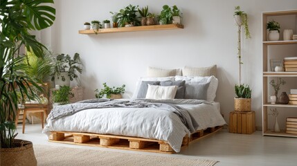 wooden shelves with plants above a comfortable double bed in a spacious apartment interior with white furniture and walls no logos no brands ar 169
