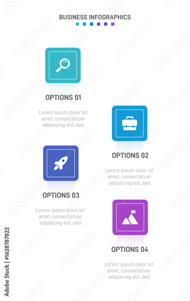 Poster vertical progress bar featuring 4 arrow-shaped elements, symbolizing the four stages of business str
