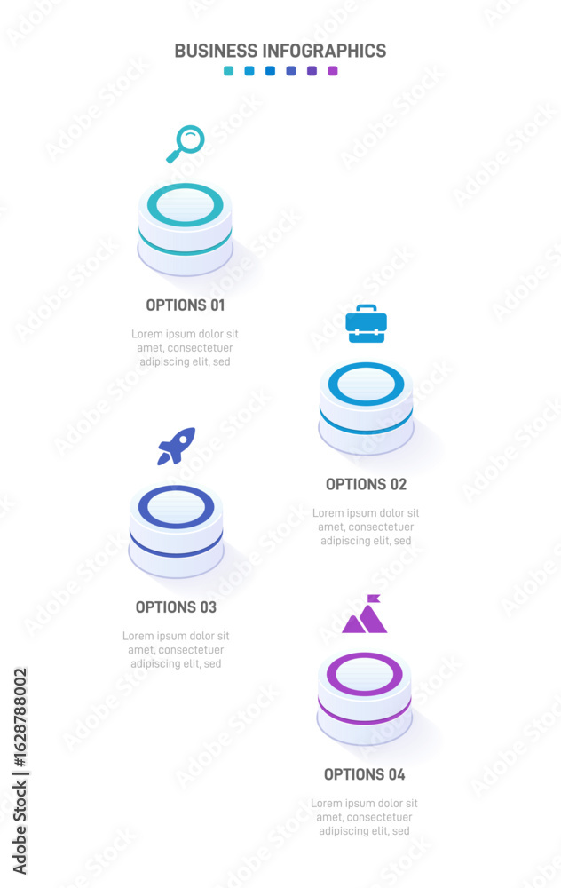 Poster vertical progress bar featuring 4 arrow-shaped elements, symbolizing the four stages of business str