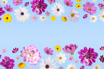 A flower card with cosmos, dahlias, and marigolds flying on a blue background for Happy Mother's Day, happy Easter, happy birthday.