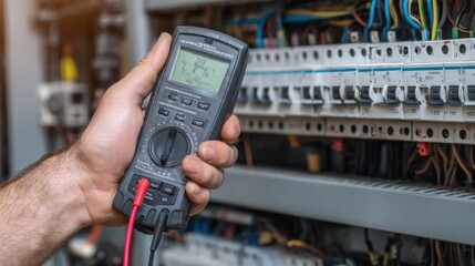 electrician's hand holding a digital multimeter to test a circuit breaker panel. Themes of professional electrical work, diagnostics, suitable for industrial, home repair, technical education projects