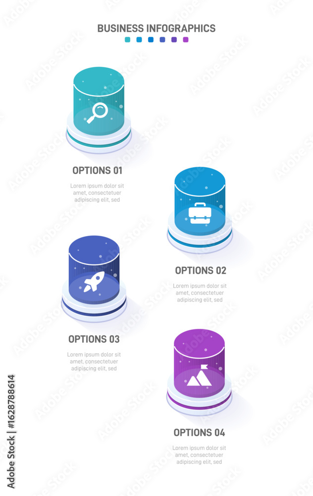 Poster vertical progress bar featuring 4 arrow-shaped elements, symbolizing the four stages of business str