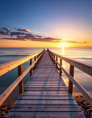 Naklejka premium Sunrise wooden pier over calm ocean
