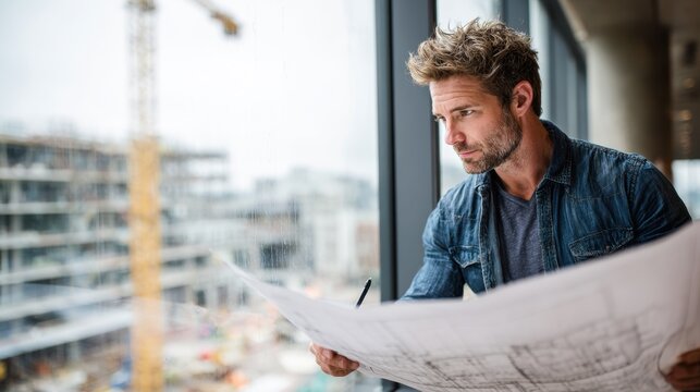 Focused civil engineer analyzing architectural schematics indoors crossreferencing data with fieldwork progress seen through office windows on an active building site.