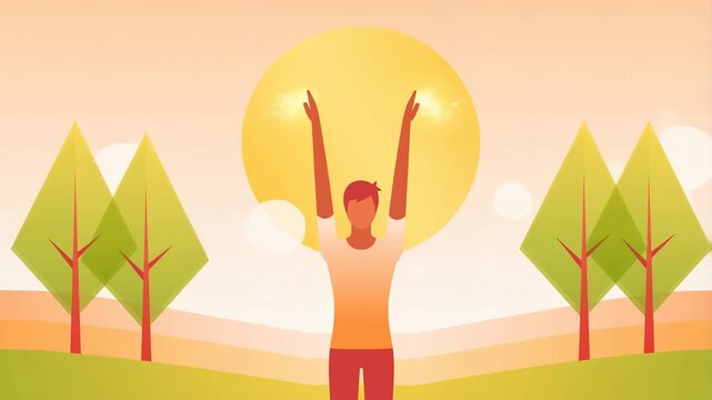 Flat animation of a character stretching arms upward, background features sun and stylized trees in minimal vector style, smooth upward motion with particles of energy rising, loop-ready movement
