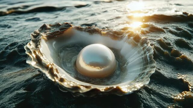 Mollusk shell with pearl on sandy beach