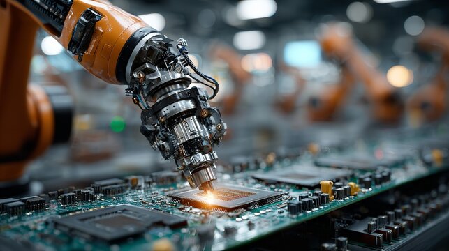 Orange robotic arm precisely assembling a computer chip reflecting on transparent background