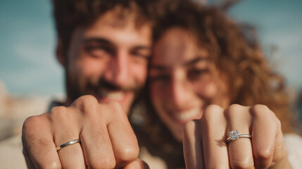 Couple showcases their engagement rings with joyful expressions during sunset on a romantic beach