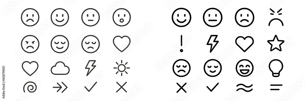 Poster collection of simple line icons representing various emotions, weather conditions, and symbols in mi