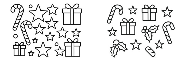 Holiday-themed line art featuring gifts, candy canes, and stars in a festive arrangement perfect for seasonal designs