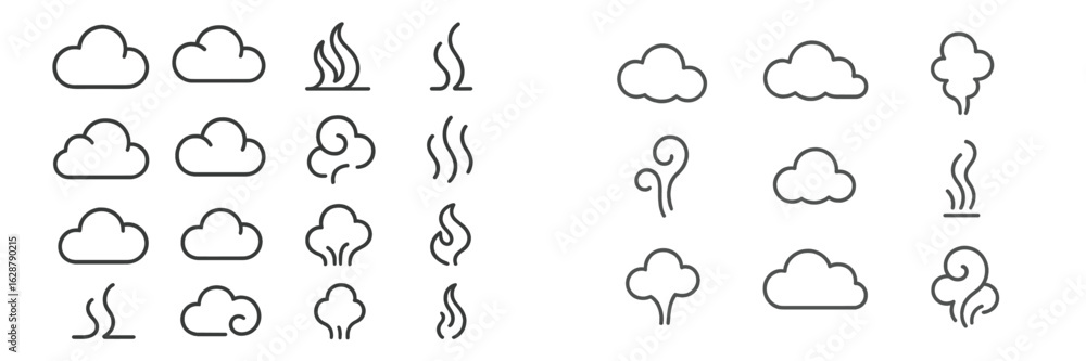Poster various cloud and smoke icons in minimalist design showcasing different shapes and styles for creati