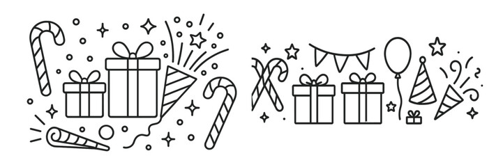 Festive celebration decoration with gifts, candies, and balloons for a joyful event during the holiday season