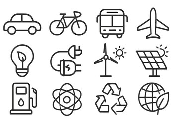 Various modes of transportation and energy solutions represented through simple line icons in a grid layout