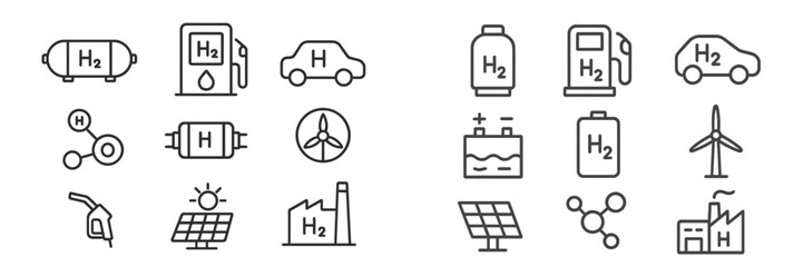Hydrogen energy icons depicting various applications including fuel cells, renewable sources, and transportation options