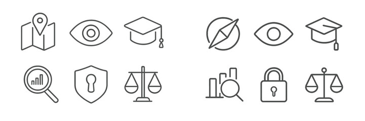 Icons representing navigation, education, security, and data analysis in a modern design suitable for digital applications