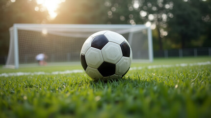 Fototapeta premium Soccer ball rolls towards goal in vibrant grassy field. Evening light creates dynamic atmosphere for match. Concept of sports, teamwork, youth leagues