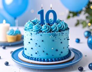 A vibrant blue birthday cake topped with a number 10 candle is presented on a table. Blue balloons and decorations enhance the cheerful atmosphere of the celebration