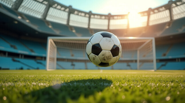 Soccer ball is soaring towards goal net in stadium. Bright sunlight creates dynamic atmosphere on well-maintained green grass field. Concept of sports, athletic competition, soccer events