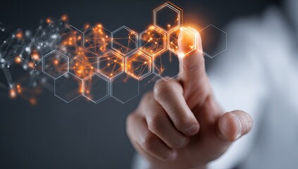 A hand touches a glowing, hexagonal, network interface