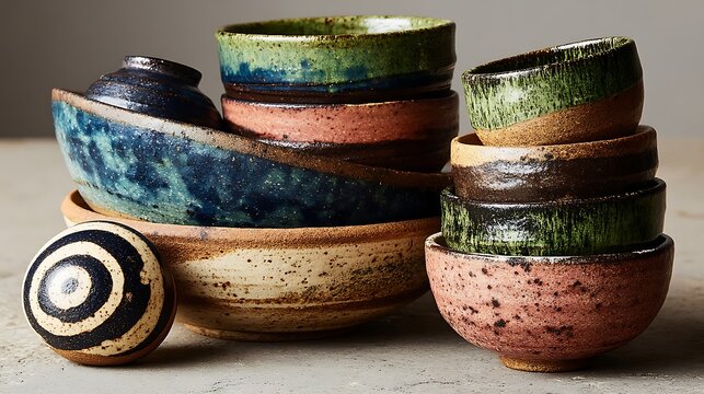 the picture showcases a collection of ceramic bowls and a sphere, arranged on a muted surface