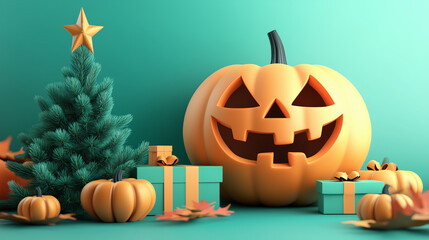 Fototapeta premium Halloween pumpkin and Christmas tree with gift boxes for the holiday season