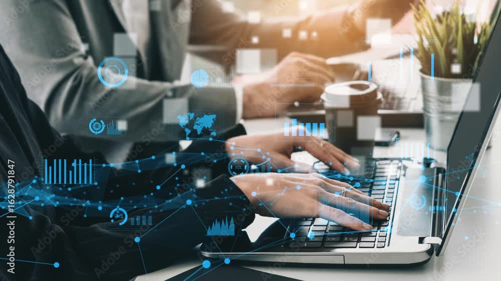 Poster business professionals focus on data analysis using laptops, with digital graphs and charts overlayi