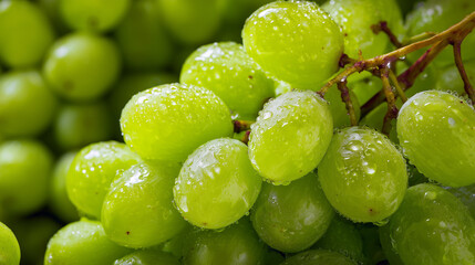 Fresh green grapes glistening with water droplets in a natural setting