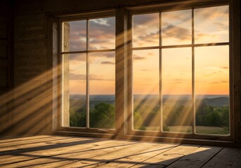 Fototapeta premium Description: Golden hour sunlight streaming through large windows onto wooden floor with countryside view creating serene home interior atmosphere for lifestyle photography.
