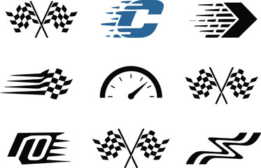 Racing Decal Designs: A collection of racing decal designs. A diverse collection of iconic racing elements and logos. Includes checkered flags, speed gauges and speeding graphic designs.