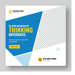 Modern marketing social media post template with geometric shapes and placeholder image