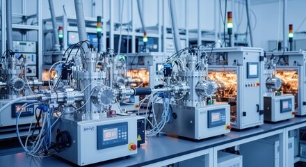 Laboratory setup with multiple MOCVD reactors dedicated to galliumnitride epitaxial layer fabrication for power electronics research.