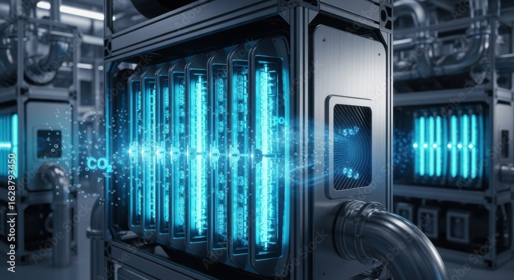 Poster hightech regeneration cell with illuminated sorbent panels inside a modular carbon capture infrastru