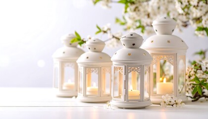 White lanterns, cherry blossoms, spring
