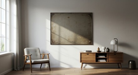 Modern living room interior with a vintage armchair wooden sideboard and abstract artwork illuminated by natural light from a large window