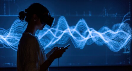 A woman in a virtual reality headset standing and holding a phone, looking at a large screen with blue data waves on it, in a dark room, wide shot Generative AI