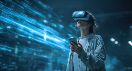 A woman wearing virtual reality goggles is standing near a large screen, looking at blue digital data streams flowing from it and holding a phone in her right hand Generative AI