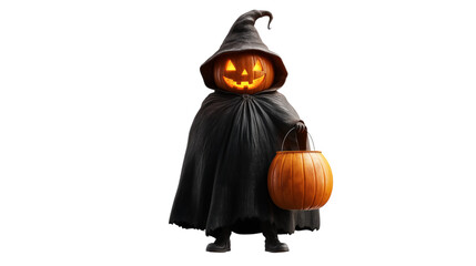 Pumpkin man in a witch costume isolated on a transparent background