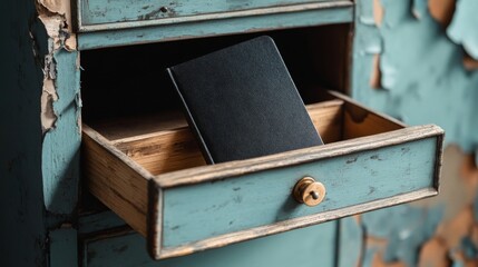 Obraz premium Antique Teal Drawer with Black Book, Vintage, Memory