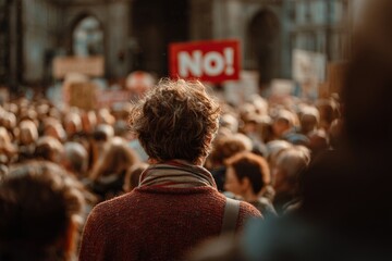 Naklejka premium Anonymous person from behind in a large crowd at an outdoor protest with a blurred 