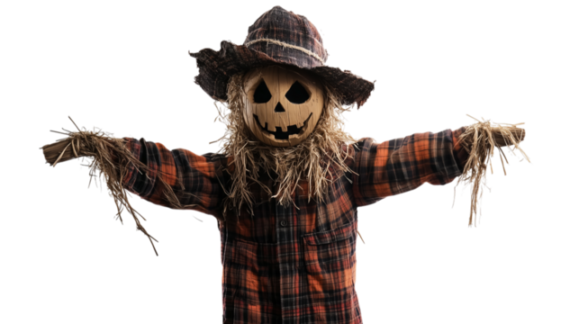 Scarecrow isolated on transparent background, Halloween decoration for the autumn season