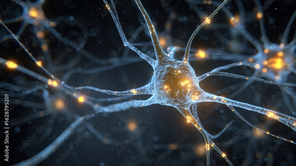 Poster abstract representation of central nervous system synapses with glowing serotonin molecules flickeri
