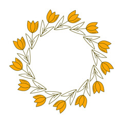 Round frame of flowers. Floral wreath. Vector illustration isolated on white background. Round sign, greeting card.