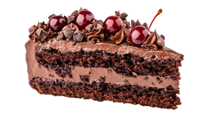 A rich chocolate cake slice topped with cherries and chocolate chips on a white background