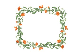 Watercolor Floral Frame Orange Flowers Green Leaves Swirling Vines Rectangular Border Design Element