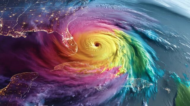 A vibrant, color-coded hurricane tracker map illustrates the storm's intensity, evoking a sense of urgency and awe. The swirling patterns reflect nature's power.