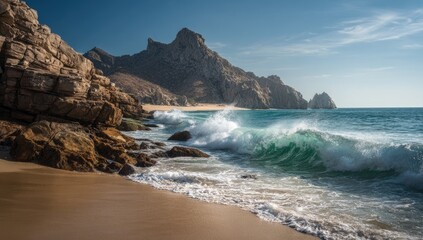 Obraz premium Sunny beach scene with crashing waves