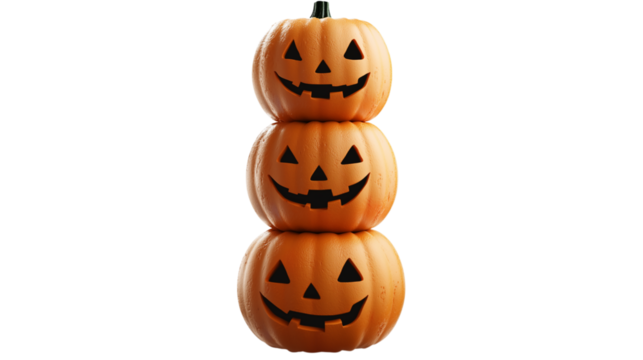 Stack of three Halloween pumpkins isolated on a transparent background - Powered by Adobe