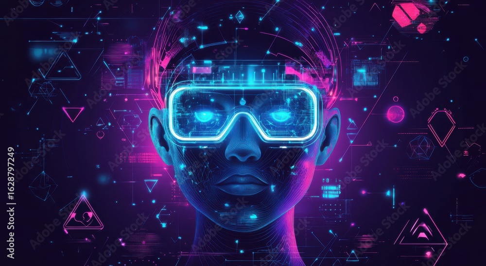 Poster futuristic ai robot head with neon cyber glasses against a digital background representing advanced 