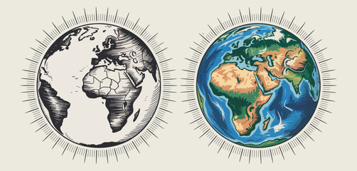Contrast between a hand drawn sketch and a vibrant realistic image of earth
