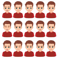 Set of portraits of young boy with brown hair expressing facial expressions